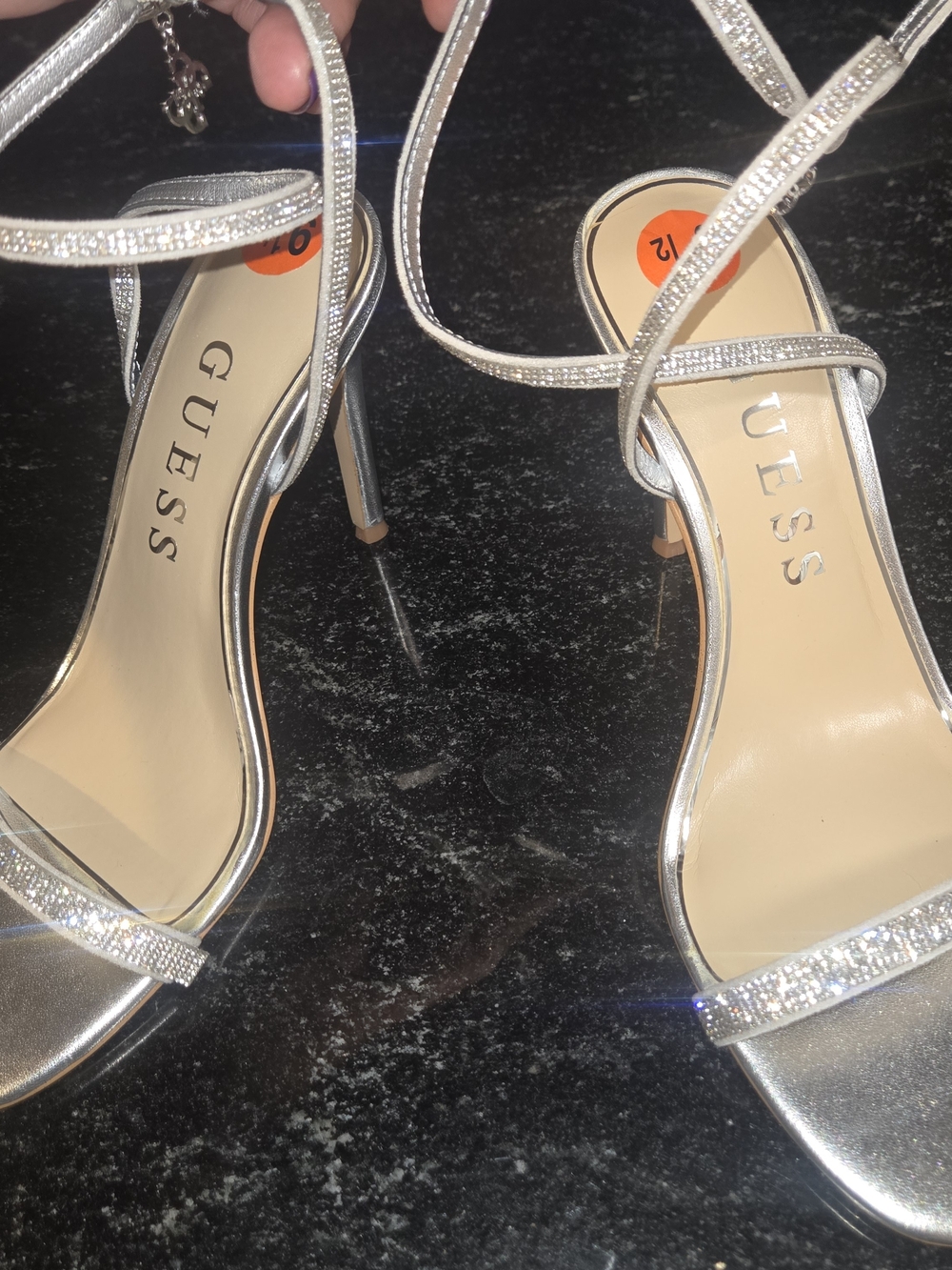 GUESS Silver Rhinestone Strappy High Heel Sandals